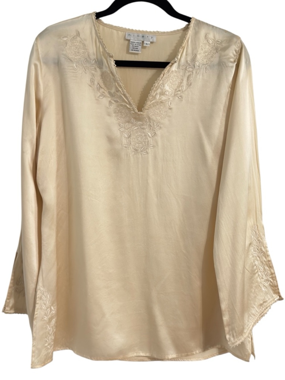 Ninety 100% Silk Ivory Embroidered Blouse Boho Tunic Bell Sleeve Size L - Picture 2 of 11